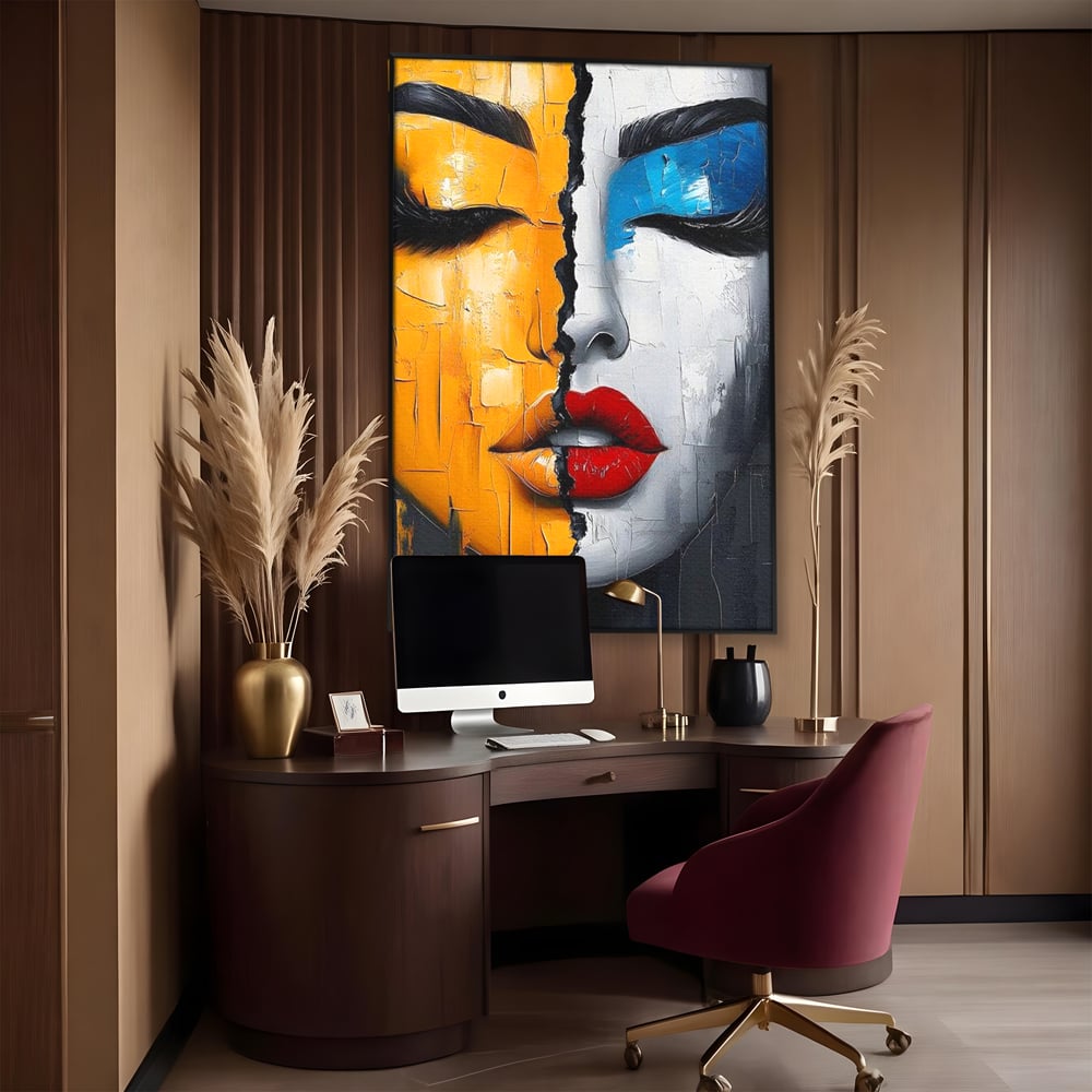 Leinwand Premium Canvas Wandkunst, LuxCanva® G1210, Stille und Schrei, Dualität, Mädchen, Kontrast, Schönheit, Licht, Schatten, Maske, Teilung, Wirkung, Herz, Porträt, Stille, Frieden, Lounge, Büro, Wohnzimmer, Schlafzimmer