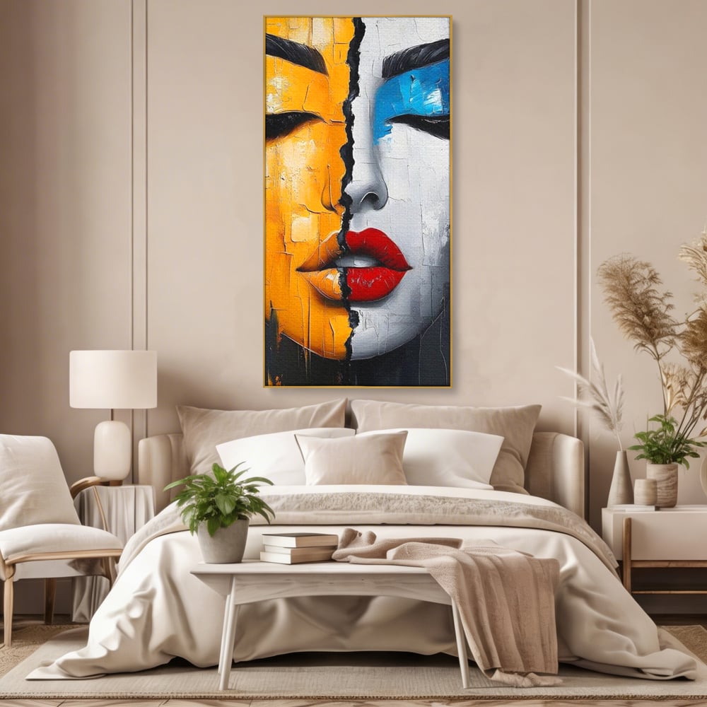 Leinwand Premium Canvas Wandkunst, LuxCanva® G1210, Stille und Schrei, Dualität, Mädchen, Kontrast, Schönheit, Licht, Schatten, Maske, Teilung, Wirkung, Herz, Porträt, Stille, Frieden, Lounge, Büro, Wohnzimmer, Schlafzimmer