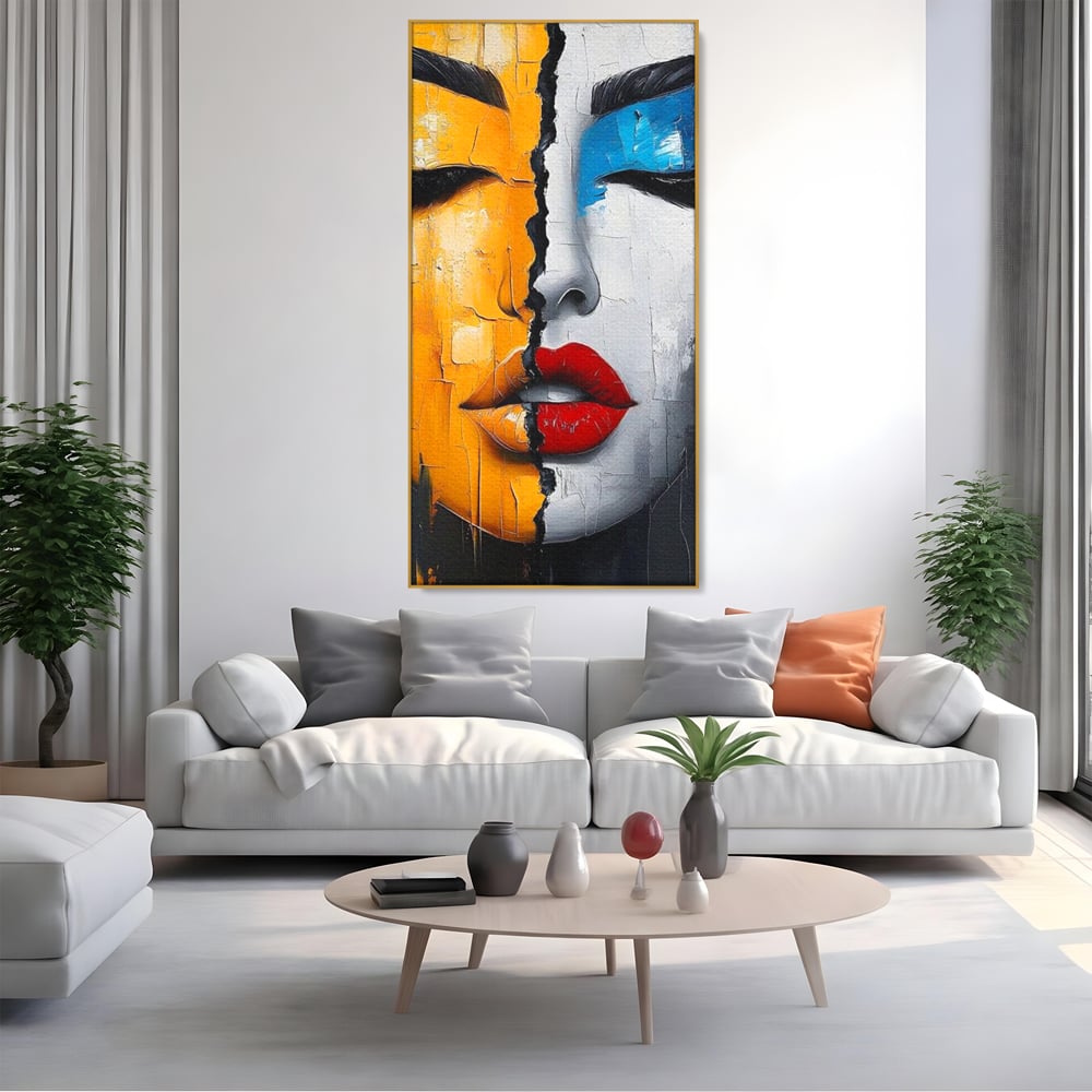 Leinwand Premium Canvas Wandkunst, LuxCanva® G1210, Stille und Schrei, Dualität, Mädchen, Kontrast, Schönheit, Licht, Schatten, Maske, Teilung, Wirkung, Herz, Porträt, Stille, Frieden, Lounge, Büro, Wohnzimmer, Schlafzimmer