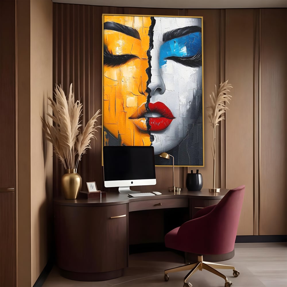 Leinwand Premium Canvas Wandkunst, LuxCanva® G1210, Stille und Schrei, Dualität, Mädchen, Kontrast, Schönheit, Licht, Schatten, Maske, Teilung, Wirkung, Herz, Porträt, Stille, Frieden, Lounge, Büro, Wohnzimmer, Schlafzimmer
