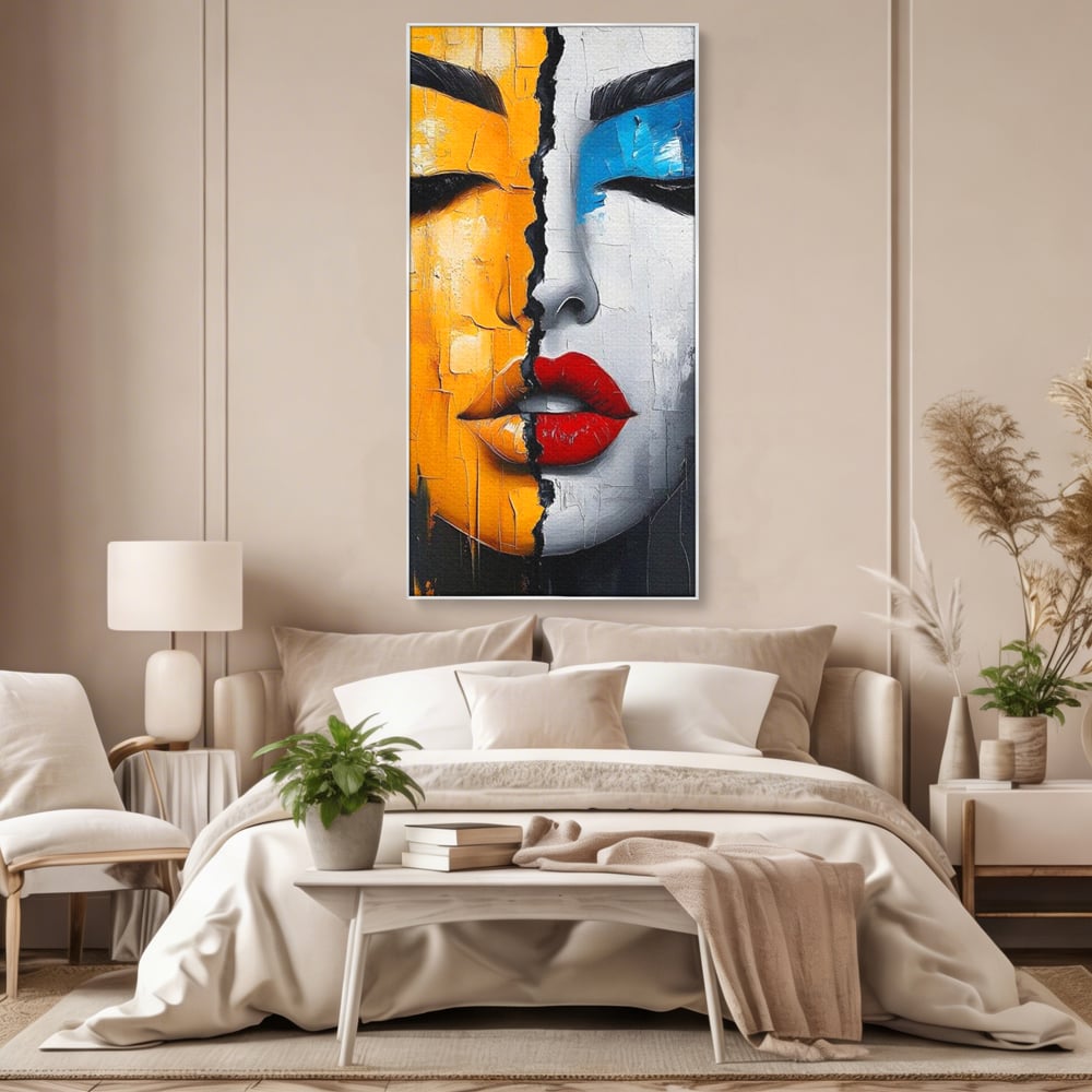 Leinwand Premium Canvas Wandkunst, LuxCanva® G1210, Stille und Schrei, Dualität, Mädchen, Kontrast, Schönheit, Licht, Schatten, Maske, Teilung, Wirkung, Herz, Porträt, Stille, Frieden, Lounge, Büro, Wohnzimmer, Schlafzimmer