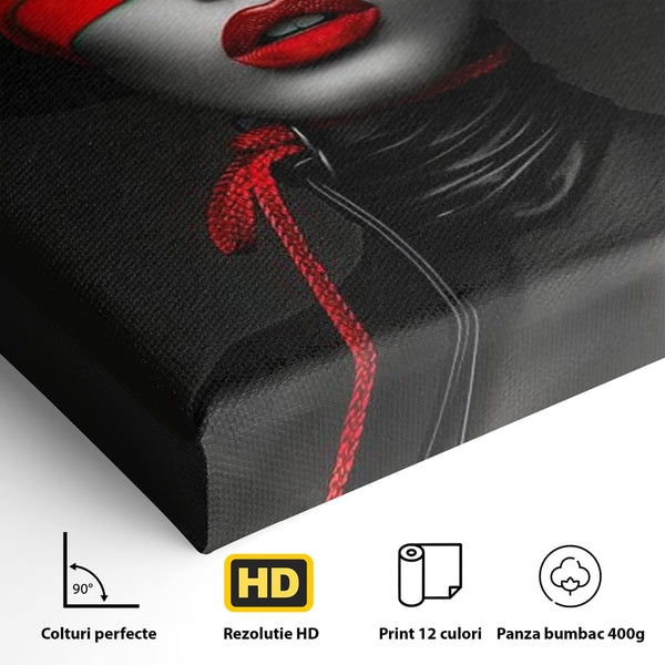 Tablou Canvas Premium, LuxCanva® G1212, Puterea Nevazuta, Noir, Infern, Voal, Mister, Eclipsa, Obscur, Rosu, Palarie, Nevazut, Buze, Doamna, Enigma, Pasiune, Tacere, Salon, Birou, Living, Dormitor