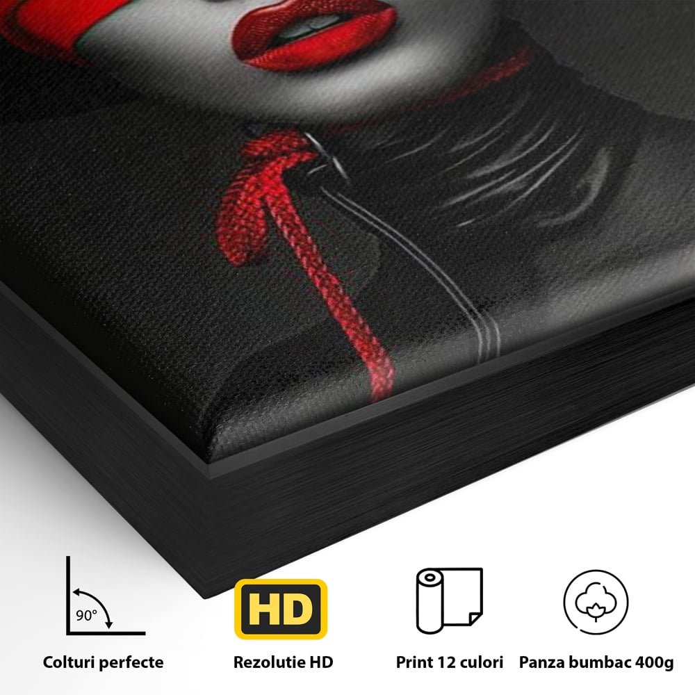 Tablou Canvas Premium, LuxCanva® G1212, Puterea Nevazuta, Noir, Infern, Voal, Mister, Eclipsa, Obscur, Rosu, Palarie, Nevazut, Buze, Doamna, Enigma, Pasiune, Tacere, Salon, Birou, Living, Dormitor