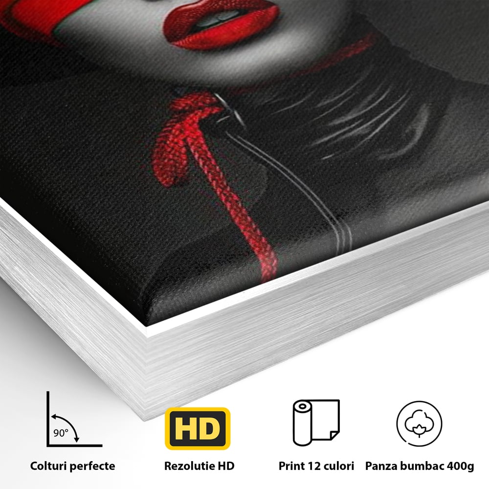 Tablou Canvas Premium, LuxCanva® G1212, Puterea Nevazuta, Noir, Infern, Voal, Mister, Eclipsa, Obscur, Rosu, Palarie, Nevazut, Buze, Doamna, Enigma, Pasiune, Tacere, Salon, Birou, Living, Dormitor