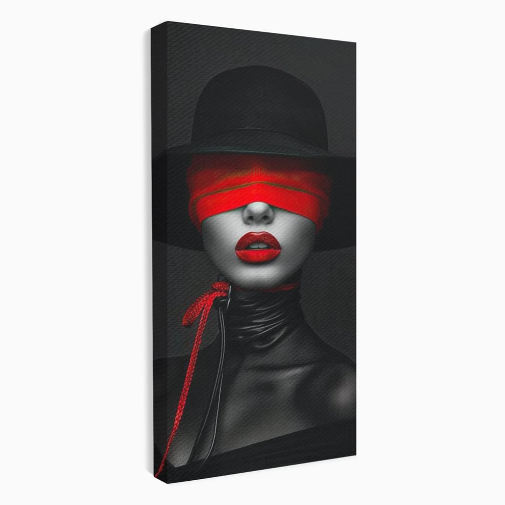 Tablou Canvas Premium, LuxCanva® G1212, Puterea Nevazuta, Noir, Infern, Voal, Mister, Eclipsa, Obscur, Rosu, Palarie, Nevazut, Buze, Doamna, Enigma, Pasiune, Tacere, Salon, Birou, Living, Dormitor