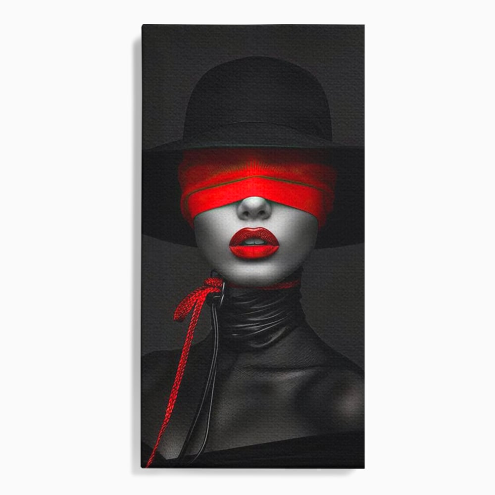 Tablou Canvas Premium, LuxCanva® G1212, Puterea Nevazuta, Noir, Infern, Voal, Mister, Eclipsa, Obscur, Rosu, Palarie, Nevazut, Buze, Doamna, Enigma, Pasiune, Tacere, Salon, Birou, Living, Dormitor
