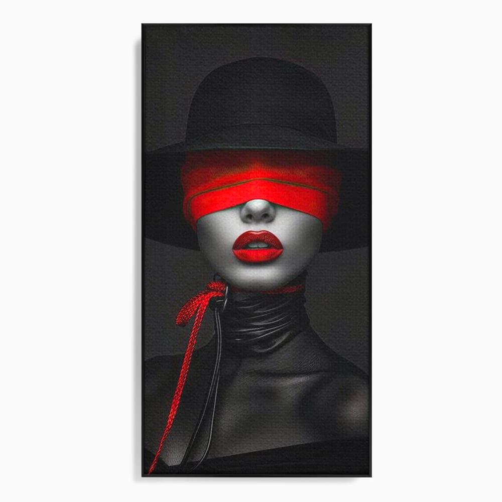 Tablou Canvas Premium, LuxCanva® G1212, Puterea Nevazuta, Noir, Infern, Voal, Mister, Eclipsa, Obscur, Rosu, Palarie, Nevazut, Buze, Doamna, Enigma, Pasiune, Tacere, Salon, Birou, Living, Dormitor