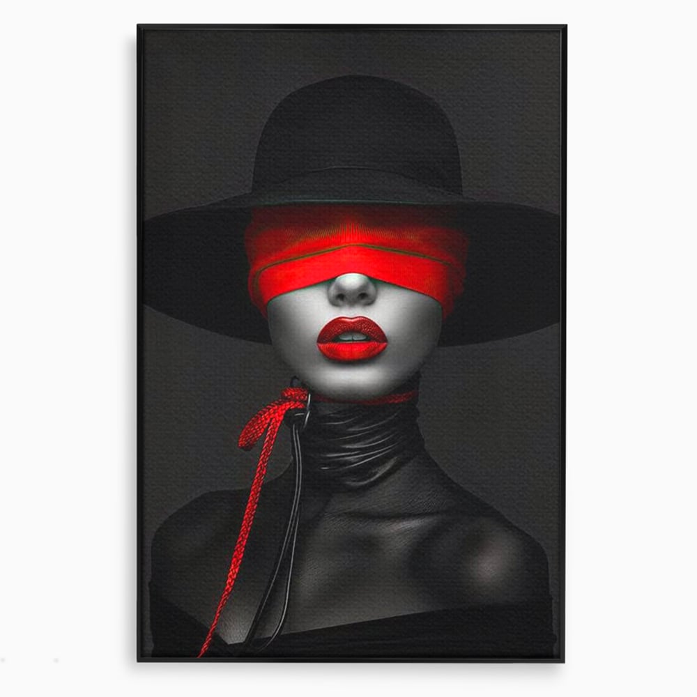 Tablou Canvas Premium, LuxCanva® G1212, Puterea Nevazuta, Noir, Infern, Voal, Mister, Eclipsa, Obscur, Rosu, Palarie, Nevazut, Buze, Doamna, Enigma, Pasiune, Tacere, Salon, Birou, Living, Dormitor