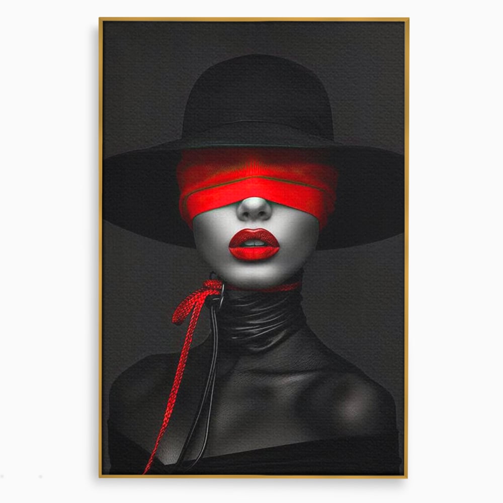 Tablou Canvas Premium, LuxCanva® G1212, Puterea Nevazuta, Noir, Infern, Voal, Mister, Eclipsa, Obscur, Rosu, Palarie, Nevazut, Buze, Doamna, Enigma, Pasiune, Tacere, Salon, Birou, Living, Dormitor