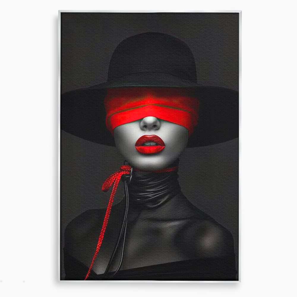 Tablou Canvas Premium, LuxCanva® G1212, Puterea Nevazuta, Noir, Infern, Voal, Mister, Eclipsa, Obscur, Rosu, Palarie, Nevazut, Buze, Doamna, Enigma, Pasiune, Tacere, Salon, Birou, Living, Dormitor