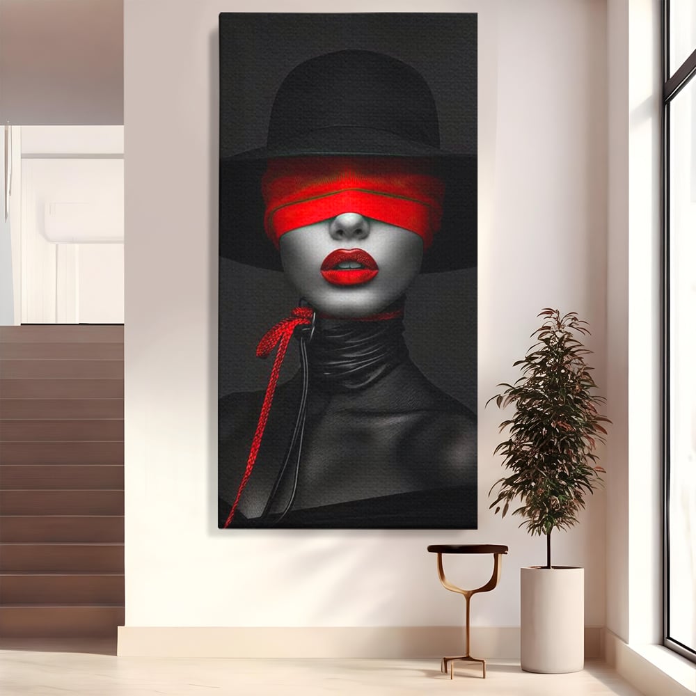 Tablou Canvas Premium, LuxCanva® G1212, Puterea Nevazuta, Noir, Infern, Voal, Mister, Eclipsa, Obscur, Rosu, Palarie, Nevazut, Buze, Doamna, Enigma, Pasiune, Tacere, Salon, Birou, Living, Dormitor