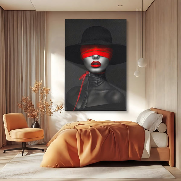 Tablou Canvas Premium, LuxCanva® G1212, Puterea Nevazuta, Noir, Infern, Voal, Mister, Eclipsa, Obscur, Rosu, Palarie, Nevazut, Buze, Doamna, Enigma, Pasiune, Tacere, Salon, Birou, Living, Dormitor