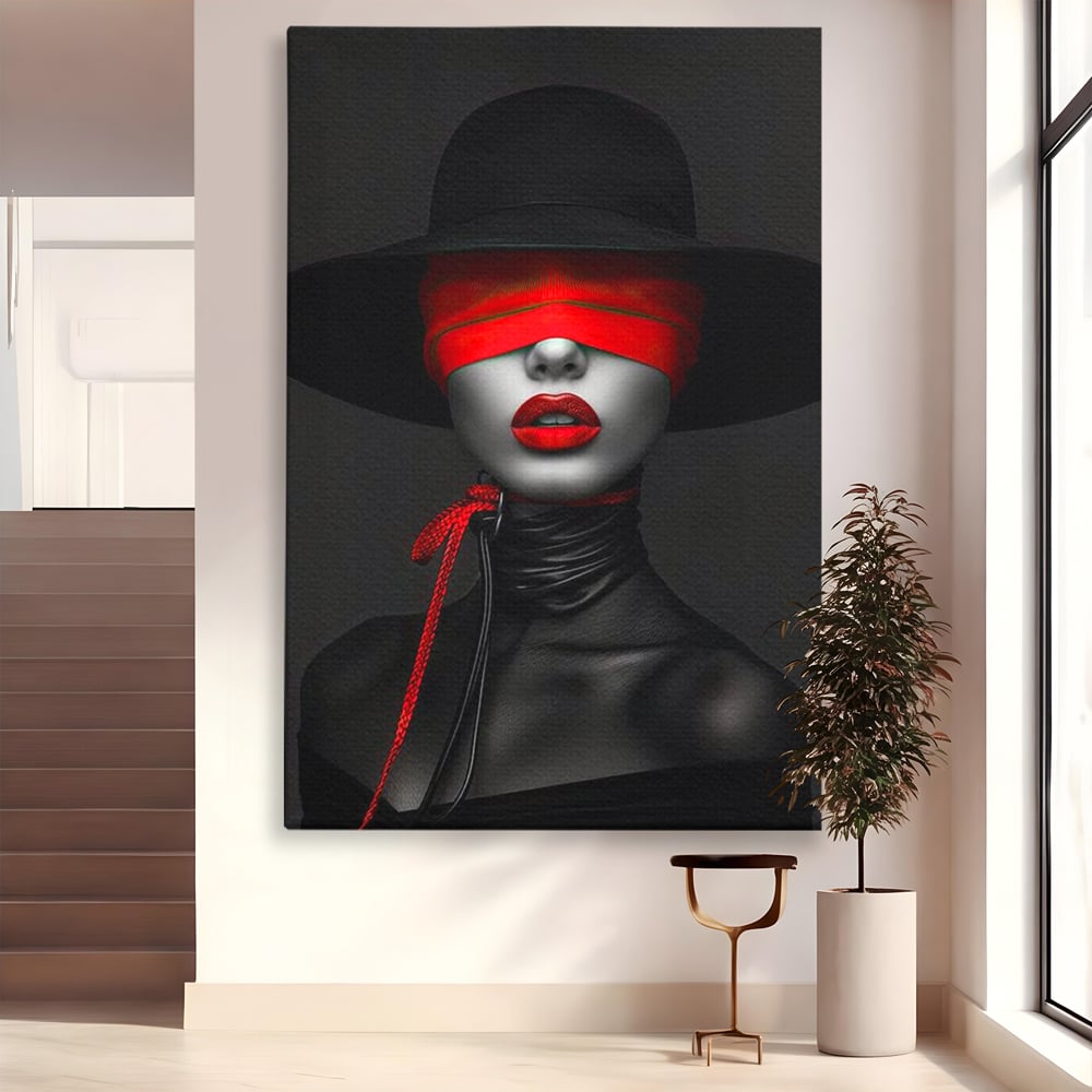Tablou Canvas Premium, LuxCanva® G1212, Puterea Nevazuta, Noir, Infern, Voal, Mister, Eclipsa, Obscur, Rosu, Palarie, Nevazut, Buze, Doamna, Enigma, Pasiune, Tacere, Salon, Birou, Living, Dormitor
