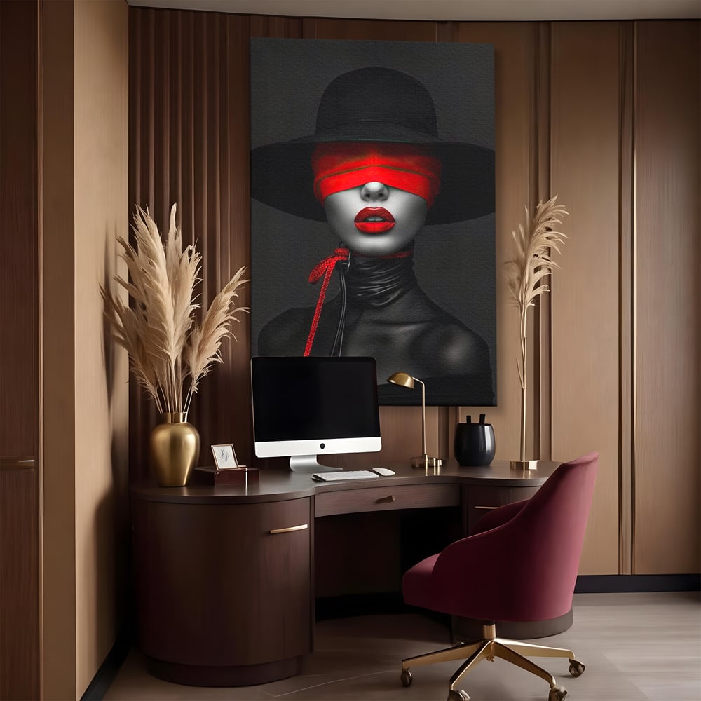 Tablou Canvas Premium, LuxCanva® G1212, Puterea Nevazuta, Noir, Infern, Voal, Mister, Eclipsa, Obscur, Rosu, Palarie, Nevazut, Buze, Doamna, Enigma, Pasiune, Tacere, Salon, Birou, Living, Dormitor