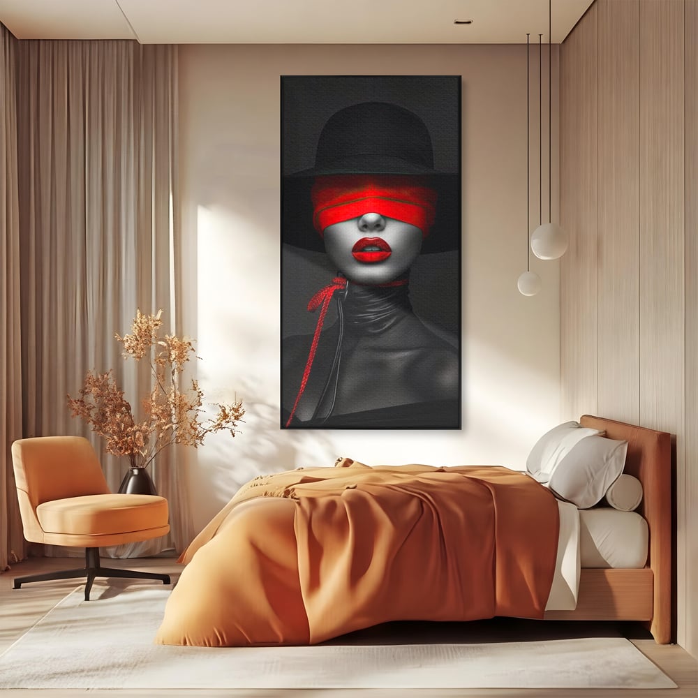 Tablou Canvas Premium, LuxCanva® G1212, Puterea Nevazuta, Noir, Infern, Voal, Mister, Eclipsa, Obscur, Rosu, Palarie, Nevazut, Buze, Doamna, Enigma, Pasiune, Tacere, Salon, Birou, Living, Dormitor