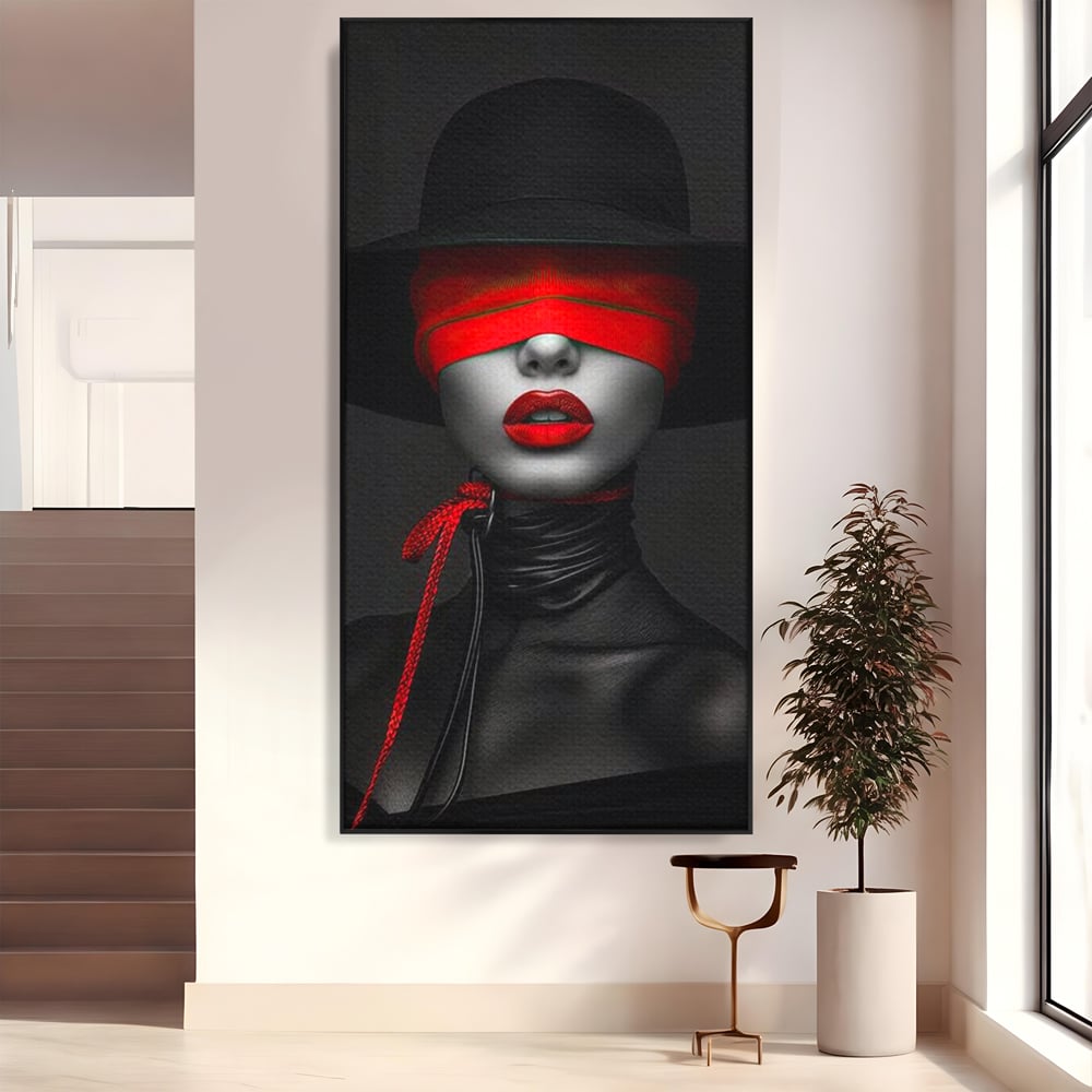 Tablou Canvas Premium, LuxCanva® G1212, Puterea Nevazuta, Noir, Infern, Voal, Mister, Eclipsa, Obscur, Rosu, Palarie, Nevazut, Buze, Doamna, Enigma, Pasiune, Tacere, Salon, Birou, Living, Dormitor