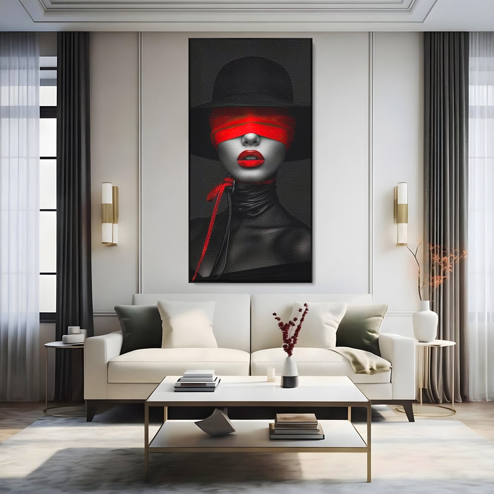 Tablou Canvas Premium, LuxCanva® G1212, Puterea Nevazuta, Noir, Infern, Voal, Mister, Eclipsa, Obscur, Rosu, Palarie, Nevazut, Buze, Doamna, Enigma, Pasiune, Tacere, Salon, Birou, Living, Dormitor