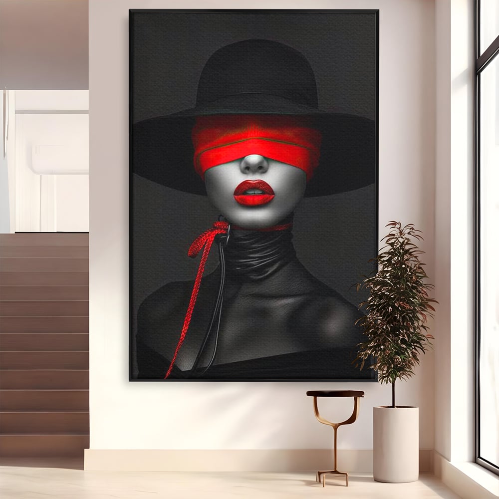 Tablou Canvas Premium, LuxCanva® G1212, Puterea Nevazuta, Noir, Infern, Voal, Mister, Eclipsa, Obscur, Rosu, Palarie, Nevazut, Buze, Doamna, Enigma, Pasiune, Tacere, Salon, Birou, Living, Dormitor