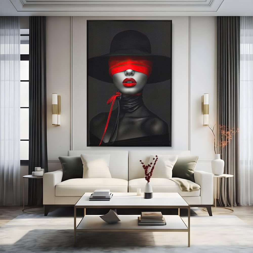 Tablou Canvas Premium, LuxCanva® G1212, Puterea Nevazuta, Noir, Infern, Voal, Mister, Eclipsa, Obscur, Rosu, Palarie, Nevazut, Buze, Doamna, Enigma, Pasiune, Tacere, Salon, Birou, Living, Dormitor