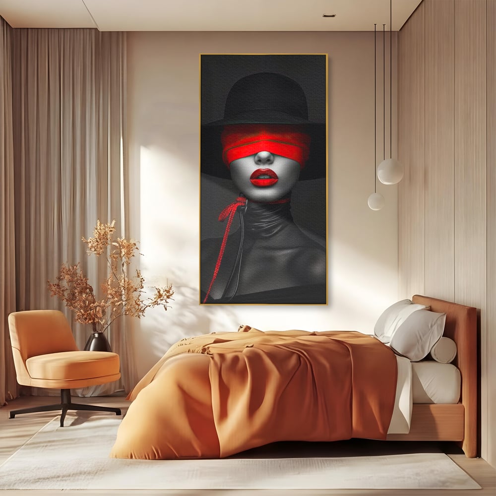 Tablou Canvas Premium, LuxCanva® G1212, Puterea Nevazuta, Noir, Infern, Voal, Mister, Eclipsa, Obscur, Rosu, Palarie, Nevazut, Buze, Doamna, Enigma, Pasiune, Tacere, Salon, Birou, Living, Dormitor