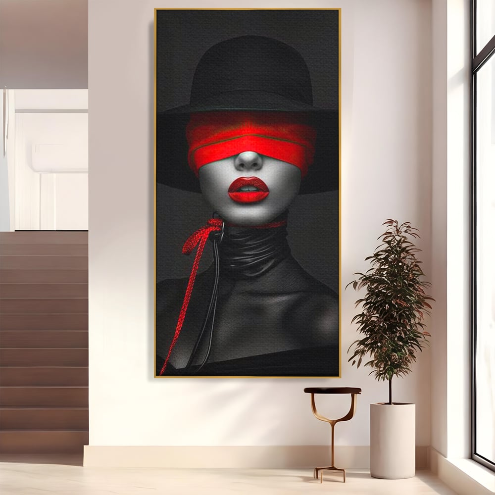 Tablou Canvas Premium, LuxCanva® G1212, Puterea Nevazuta, Noir, Infern, Voal, Mister, Eclipsa, Obscur, Rosu, Palarie, Nevazut, Buze, Doamna, Enigma, Pasiune, Tacere, Salon, Birou, Living, Dormitor