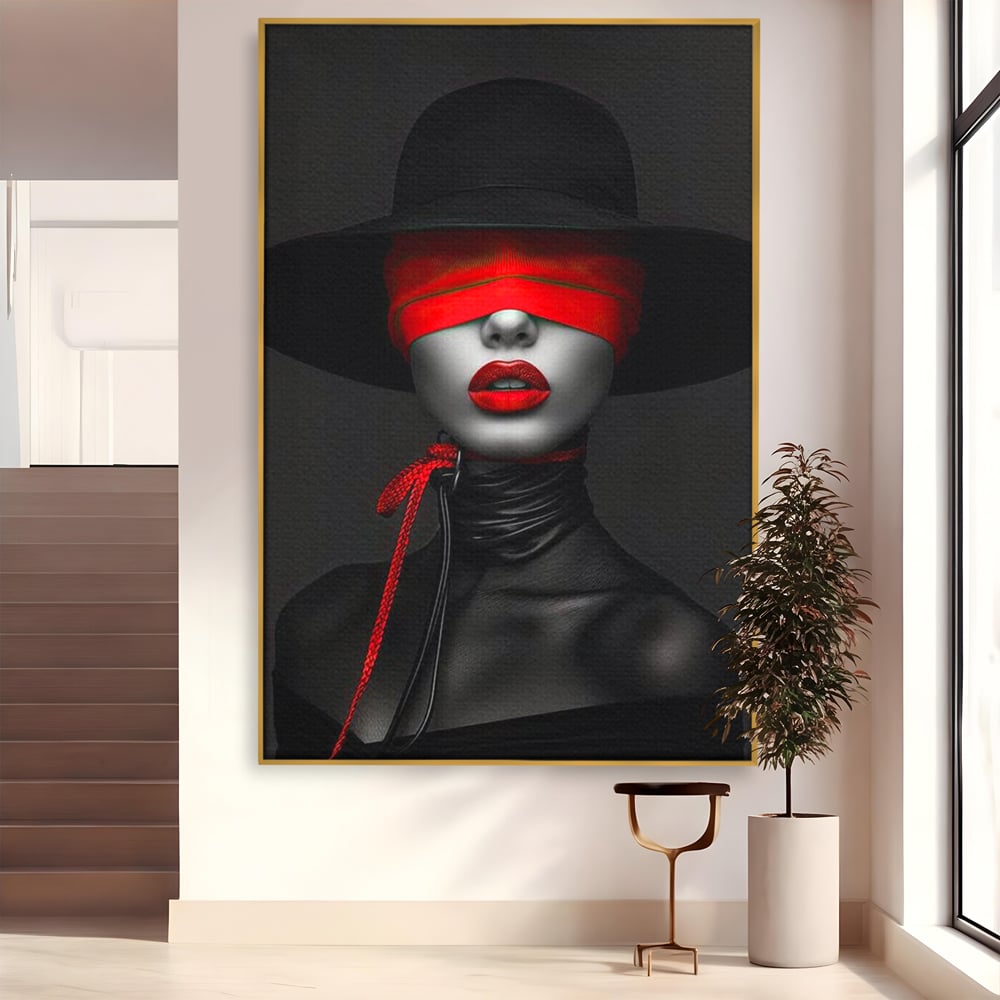 Tablou Canvas Premium, LuxCanva® G1212, Puterea Nevazuta, Noir, Infern, Voal, Mister, Eclipsa, Obscur, Rosu, Palarie, Nevazut, Buze, Doamna, Enigma, Pasiune, Tacere, Salon, Birou, Living, Dormitor