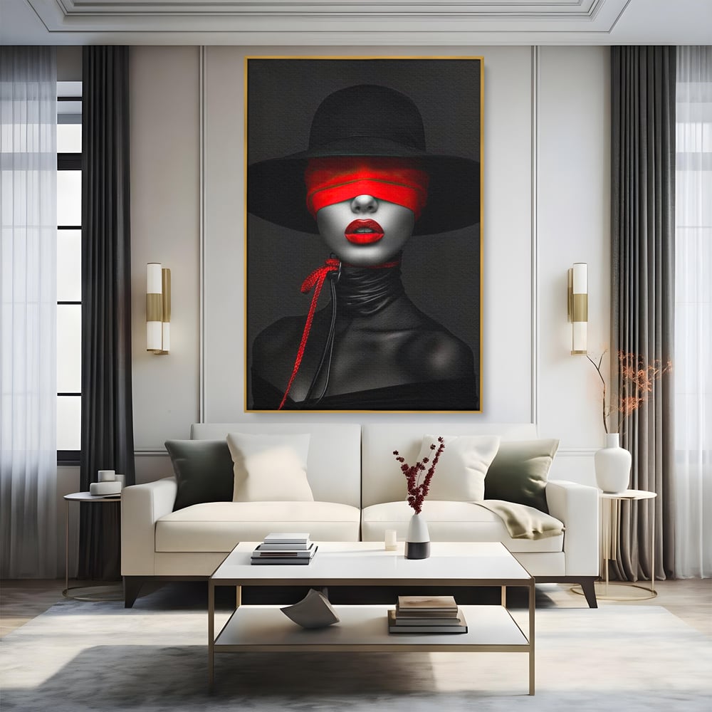 Tablou Canvas Premium, LuxCanva® G1212, Puterea Nevazuta, Noir, Infern, Voal, Mister, Eclipsa, Obscur, Rosu, Palarie, Nevazut, Buze, Doamna, Enigma, Pasiune, Tacere, Salon, Birou, Living, Dormitor