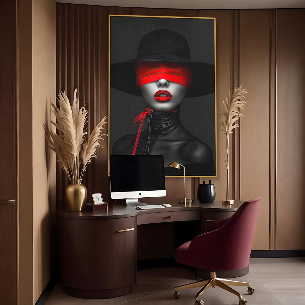 Tablou Canvas Premium, LuxCanva® G1212, Puterea Nevazuta, Noir, Infern, Voal, Mister, Eclipsa, Obscur, Rosu, Palarie, Nevazut, Buze, Doamna, Enigma, Pasiune, Tacere, Salon, Birou, Living, Dormitor