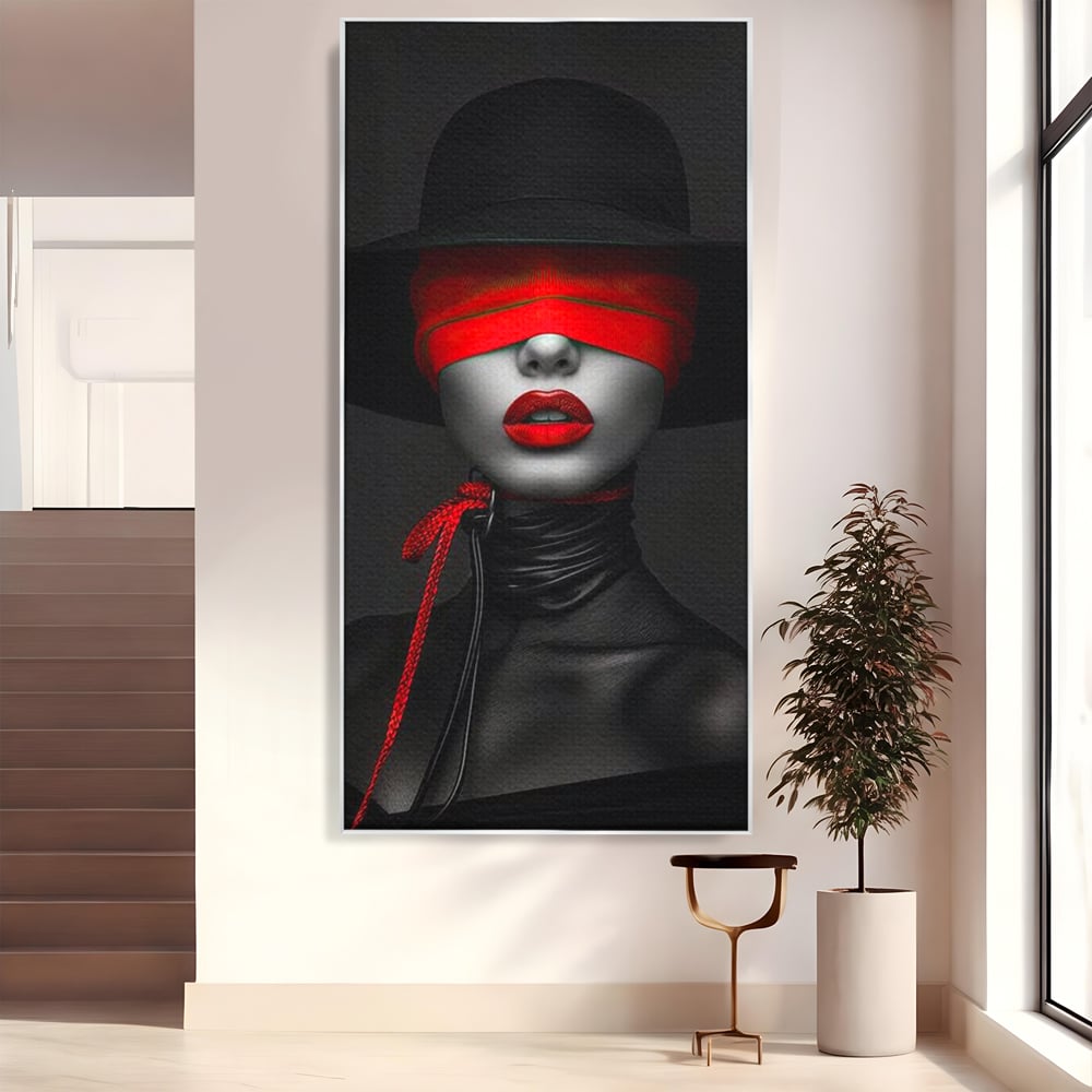 Tablou Canvas Premium, LuxCanva® G1212, Puterea Nevazuta, Noir, Infern, Voal, Mister, Eclipsa, Obscur, Rosu, Palarie, Nevazut, Buze, Doamna, Enigma, Pasiune, Tacere, Salon, Birou, Living, Dormitor