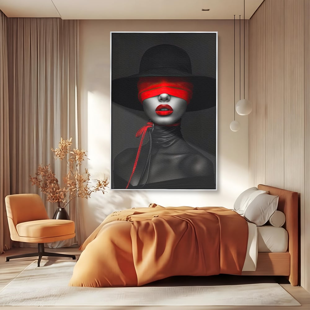 Tablou Canvas Premium, LuxCanva® G1212, Puterea Nevazuta, Noir, Infern, Voal, Mister, Eclipsa, Obscur, Rosu, Palarie, Nevazut, Buze, Doamna, Enigma, Pasiune, Tacere, Salon, Birou, Living, Dormitor