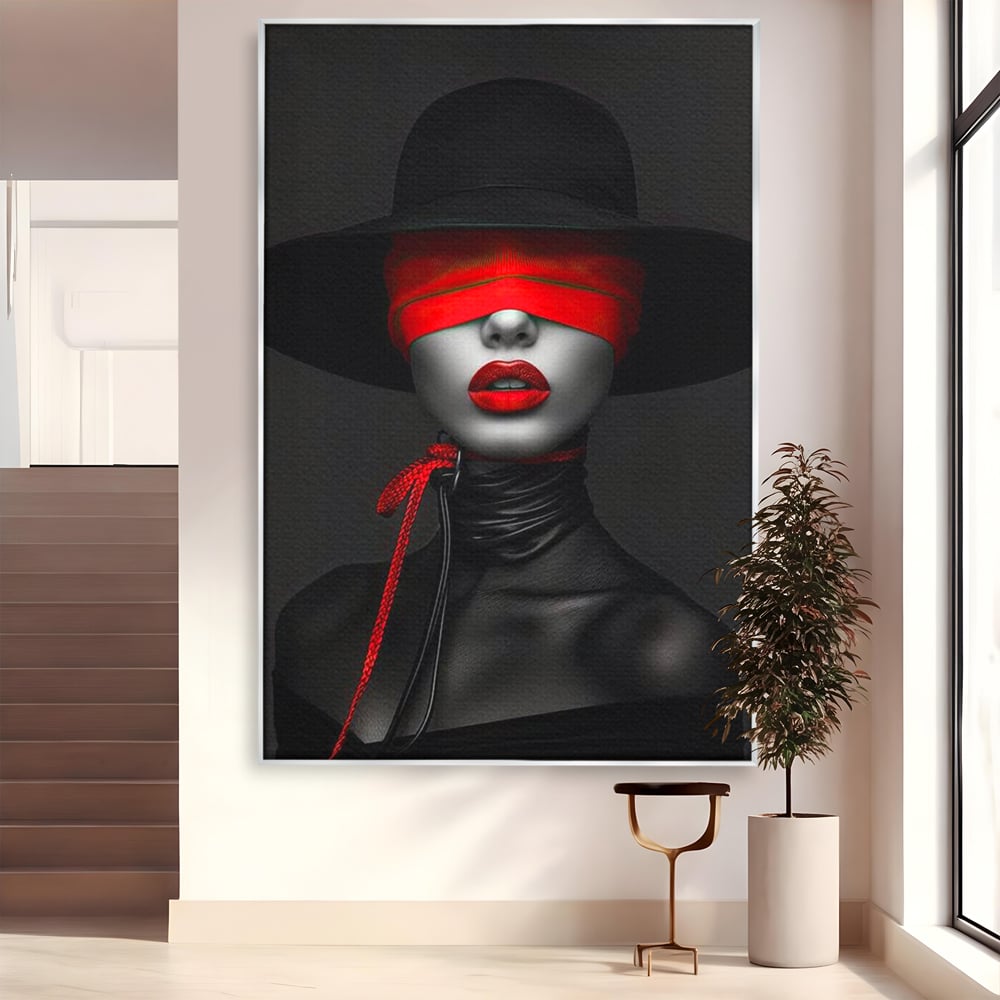 Tablou Canvas Premium, LuxCanva® G1212, Puterea Nevazuta, Noir, Infern, Voal, Mister, Eclipsa, Obscur, Rosu, Palarie, Nevazut, Buze, Doamna, Enigma, Pasiune, Tacere, Salon, Birou, Living, Dormitor