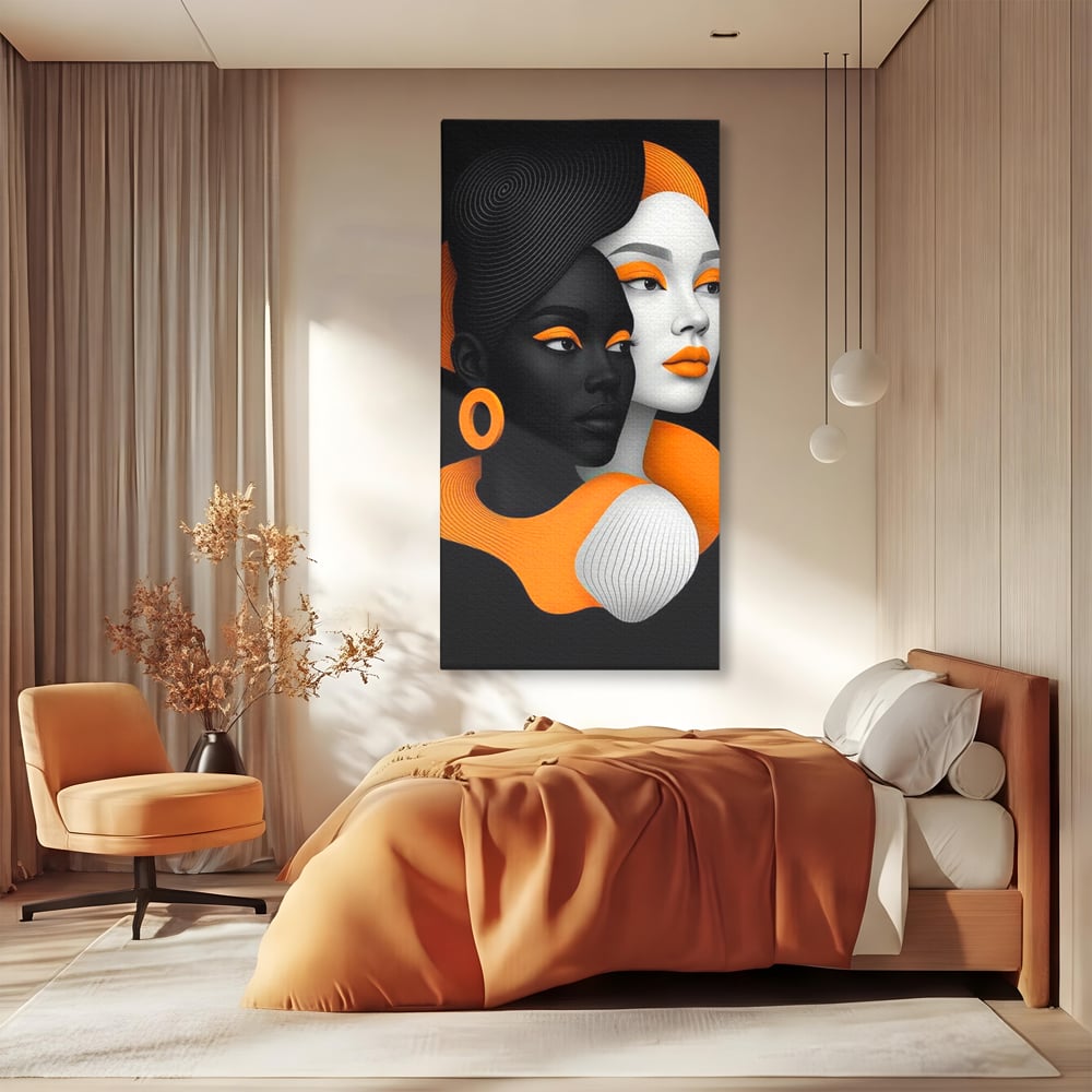 Tablou Canvas Premium, LuxCanva® G1213, Unirea Lumilor, Fete, Suflete, Alb, Negru, Portocaliu, Fusion, Simetrie, Portret, Diversitate, Poem, Umbra, Oglinda, Polaritate, Salon, Birou, Living, Dormitor