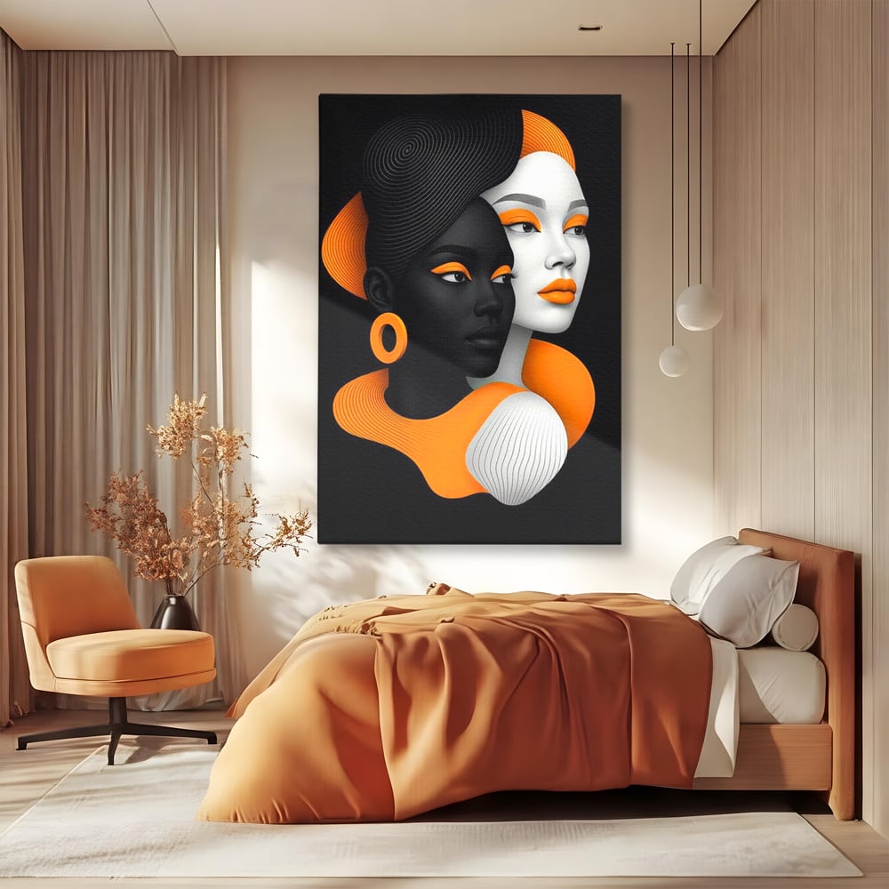 Tablou Canvas Premium, LuxCanva® G1213, Unirea Lumilor, Fete, Suflete, Alb, Negru, Portocaliu, Fusion, Simetrie, Portret, Diversitate, Poem, Umbra, Oglinda, Polaritate, Salon, Birou, Living, Dormitor