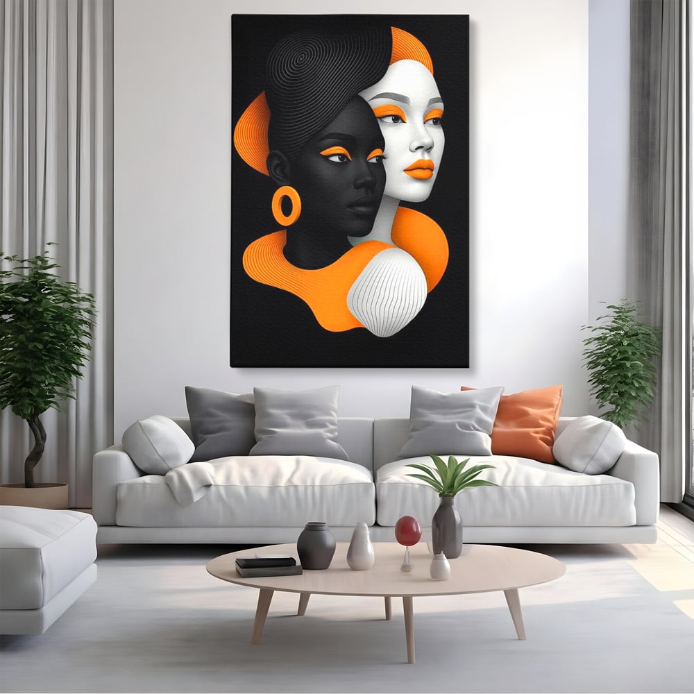 Tablou Canvas Premium, LuxCanva® G1213, Unirea Lumilor, Fete, Suflete, Alb, Negru, Portocaliu, Fusion, Simetrie, Portret, Diversitate, Poem, Umbra, Oglinda, Polaritate, Salon, Birou, Living, Dormitor