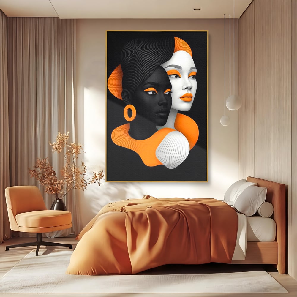 Tablou Canvas Premium, LuxCanva® G1213, Unirea Lumilor, Fete, Suflete, Alb, Negru, Portocaliu, Fusion, Simetrie, Portret, Diversitate, Poem, Umbra, Oglinda, Polaritate, Salon, Birou, Living, Dormitor
