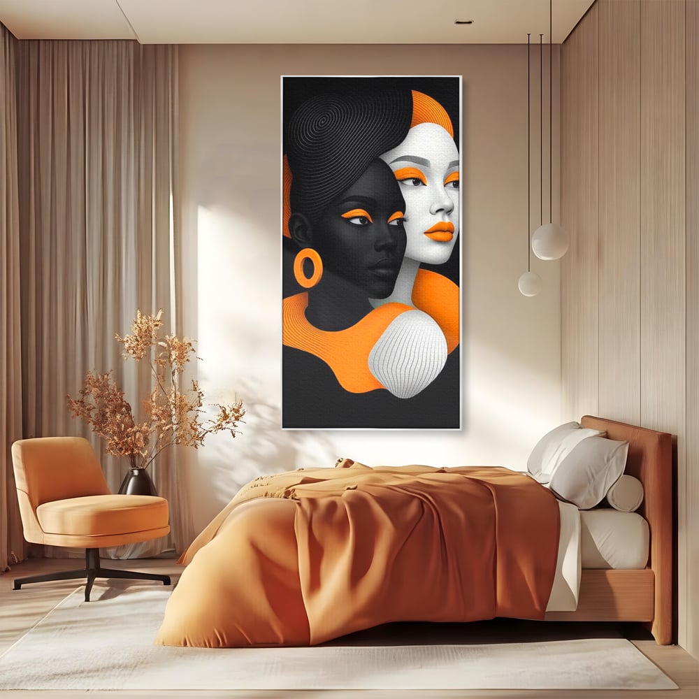 Tablou Canvas Premium, LuxCanva® G1213, Unirea Lumilor, Fete, Suflete, Alb, Negru, Portocaliu, Fusion, Simetrie, Portret, Diversitate, Poem, Umbra, Oglinda, Polaritate, Salon, Birou, Living, Dormitor