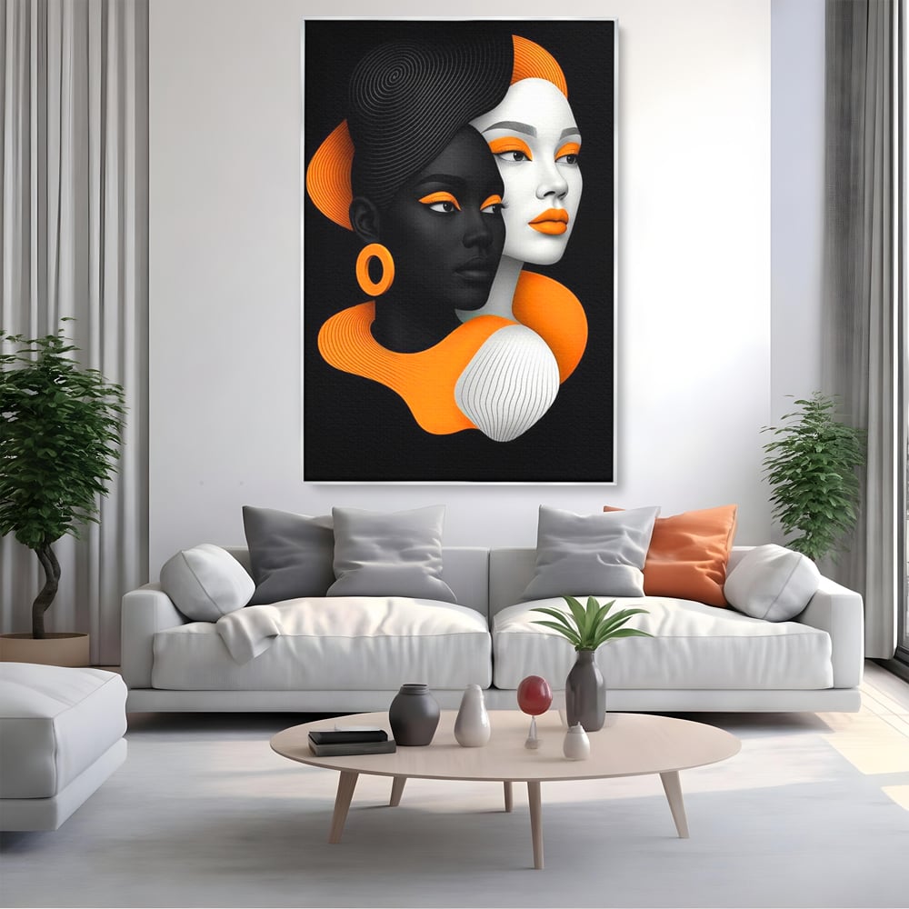 Tablou Canvas Premium, LuxCanva® G1213, Unirea Lumilor, Fete, Suflete, Alb, Negru, Portocaliu, Fusion, Simetrie, Portret, Diversitate, Poem, Umbra, Oglinda, Polaritate, Salon, Birou, Living, Dormitor