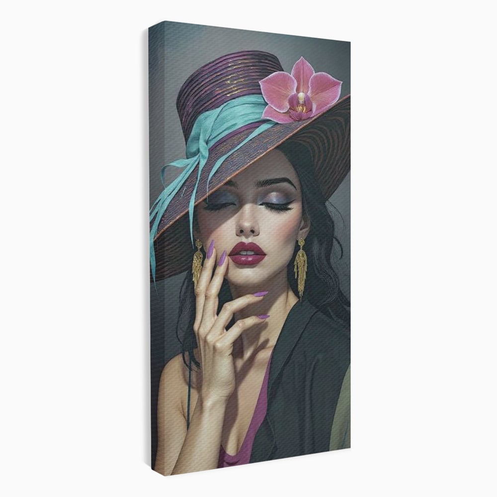 Tablou Canvas Premium, LuxCanva® G1214, Femeia Contemplativa, Lady, Palarie, Eleganta, Floare, Orhidee, Retro, Rafinament, Gratie, Divin, Vis, Privire, Catifea, Zeita, Salon, Birou, Living, Dormitor