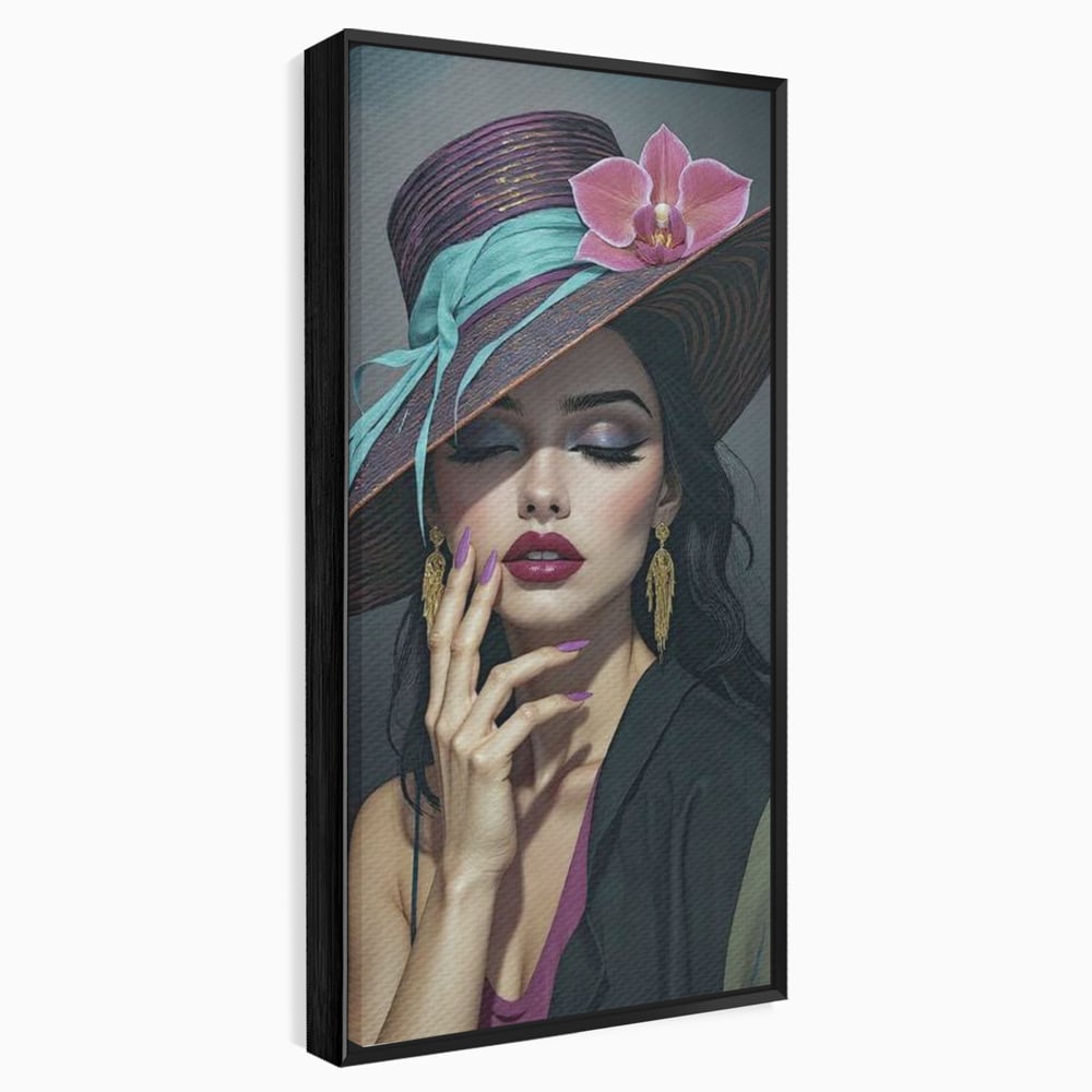 Tablou Canvas Premium, LuxCanva® G1214, Femeia Contemplativa, Lady, Palarie, Eleganta, Floare, Orhidee, Retro, Rafinament, Gratie, Divin, Vis, Privire, Catifea, Zeita, Salon, Birou, Living, Dormitor