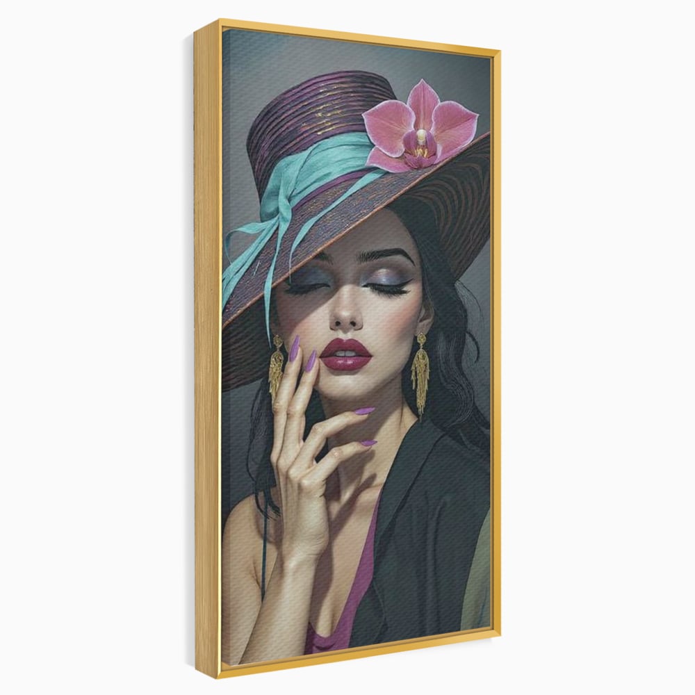 Tablou Canvas Premium, LuxCanva® G1214, Femeia Contemplativa, Lady, Palarie, Eleganta, Floare, Orhidee, Retro, Rafinament, Gratie, Divin, Vis, Privire, Catifea, Zeita, Salon, Birou, Living, Dormitor