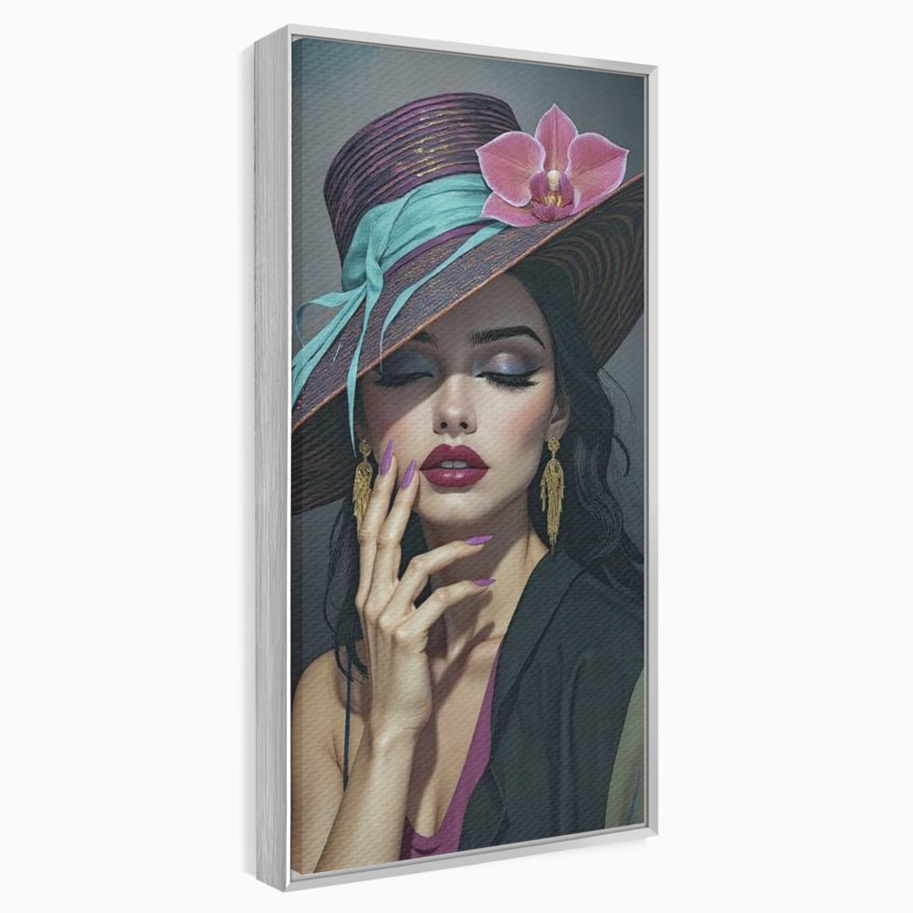 Tablou Canvas Premium, LuxCanva® G1214, Femeia Contemplativa, Lady, Palarie, Eleganta, Floare, Orhidee, Retro, Rafinament, Gratie, Divin, Vis, Privire, Catifea, Zeita, Salon, Birou, Living, Dormitor
