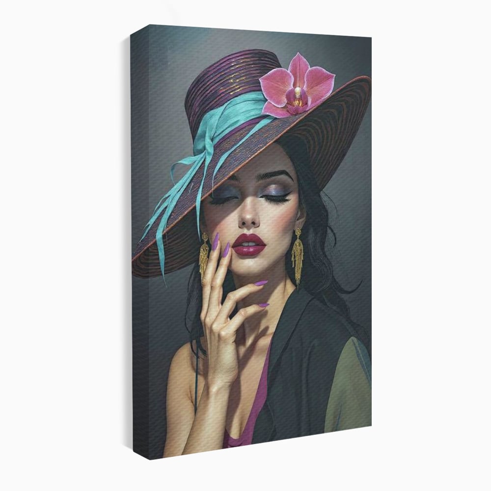 Tablou Canvas Premium, LuxCanva® G1214, Femeia Contemplativa, Lady, Palarie, Eleganta, Floare, Orhidee, Retro, Rafinament, Gratie, Divin, Vis, Privire, Catifea, Zeita, Salon, Birou, Living, Dormitor