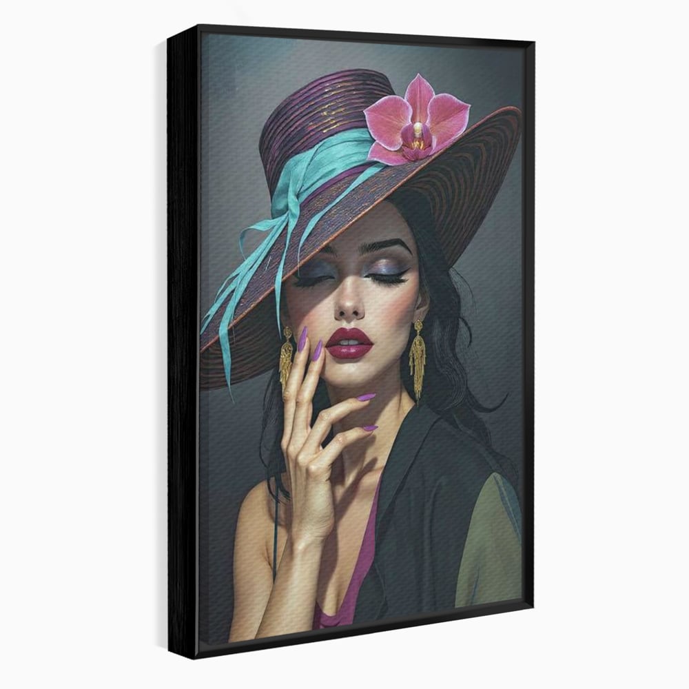 Tablou Canvas Premium, LuxCanva® G1214, Femeia Contemplativa, Lady, Palarie, Eleganta, Floare, Orhidee, Retro, Rafinament, Gratie, Divin, Vis, Privire, Catifea, Zeita, Salon, Birou, Living, Dormitor