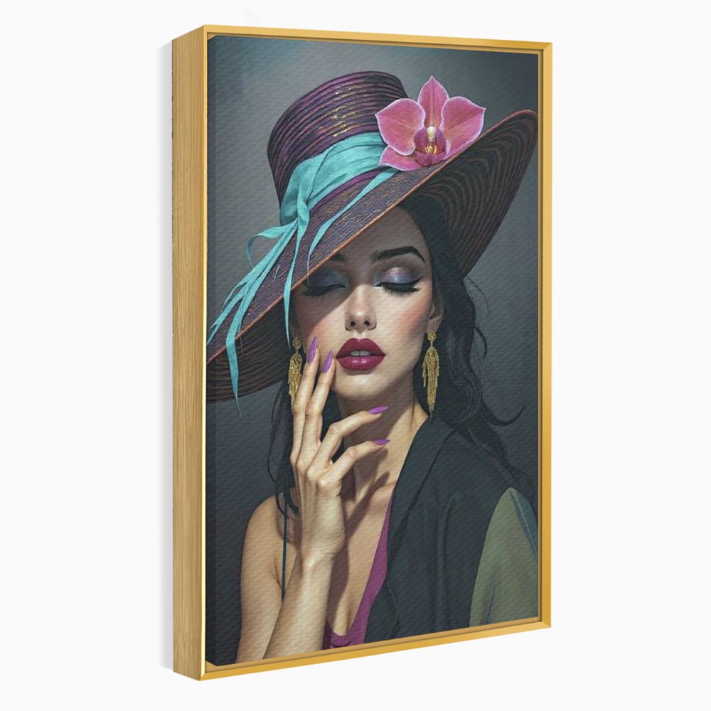 Tablou Canvas Premium, LuxCanva® G1214, Femeia Contemplativa, Lady, Palarie, Eleganta, Floare, Orhidee, Retro, Rafinament, Gratie, Divin, Vis, Privire, Catifea, Zeita, Salon, Birou, Living, Dormitor