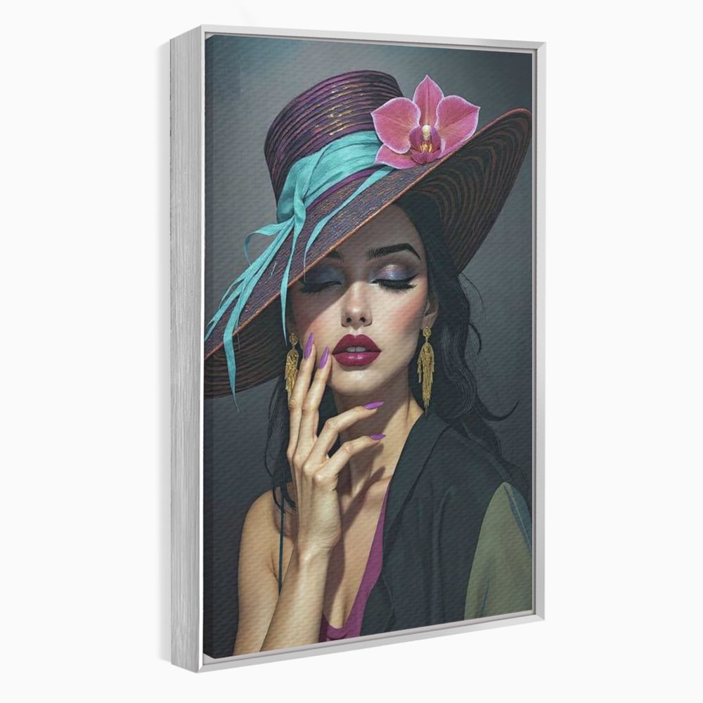Tablou Canvas Premium, LuxCanva® G1214, Femeia Contemplativa, Lady, Palarie, Eleganta, Floare, Orhidee, Retro, Rafinament, Gratie, Divin, Vis, Privire, Catifea, Zeita, Salon, Birou, Living, Dormitor