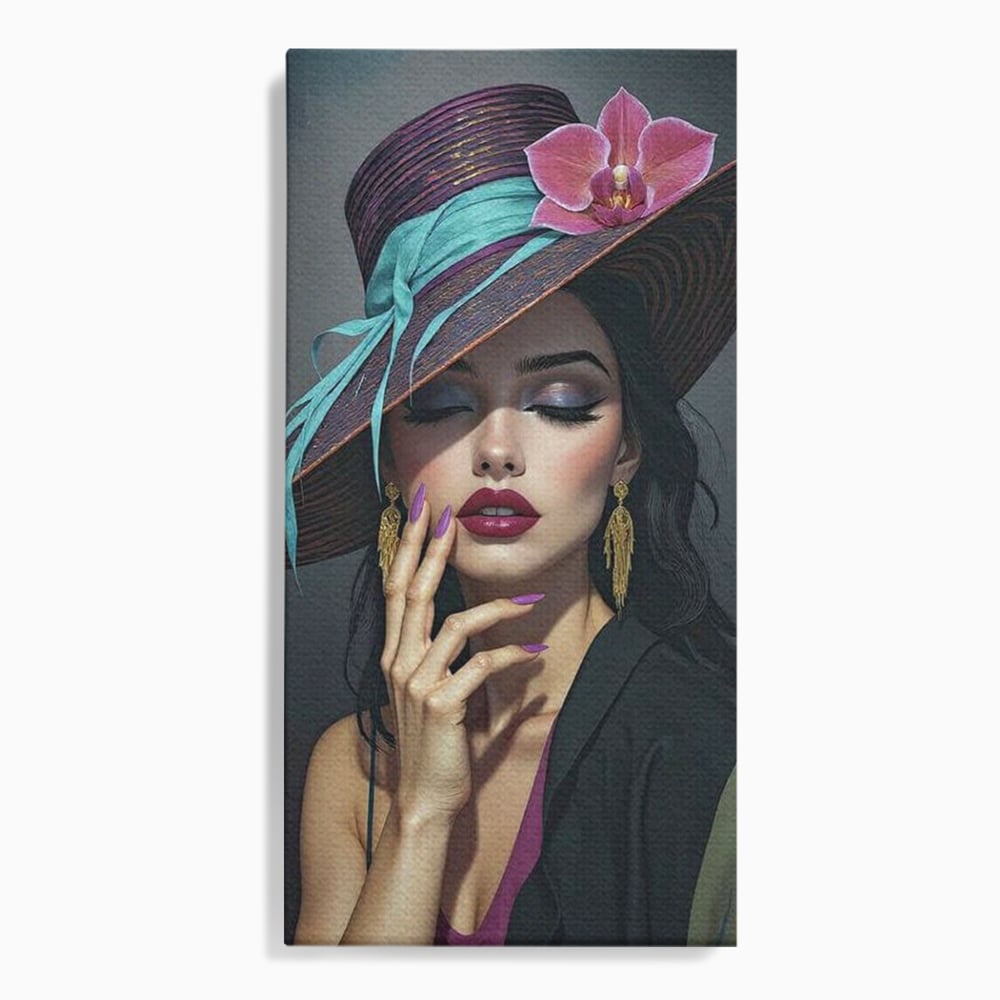 Tablou Canvas Premium, LuxCanva® G1214, Femeia Contemplativa, Lady, Palarie, Eleganta, Floare, Orhidee, Retro, Rafinament, Gratie, Divin, Vis, Privire, Catifea, Zeita, Salon, Birou, Living, Dormitor
