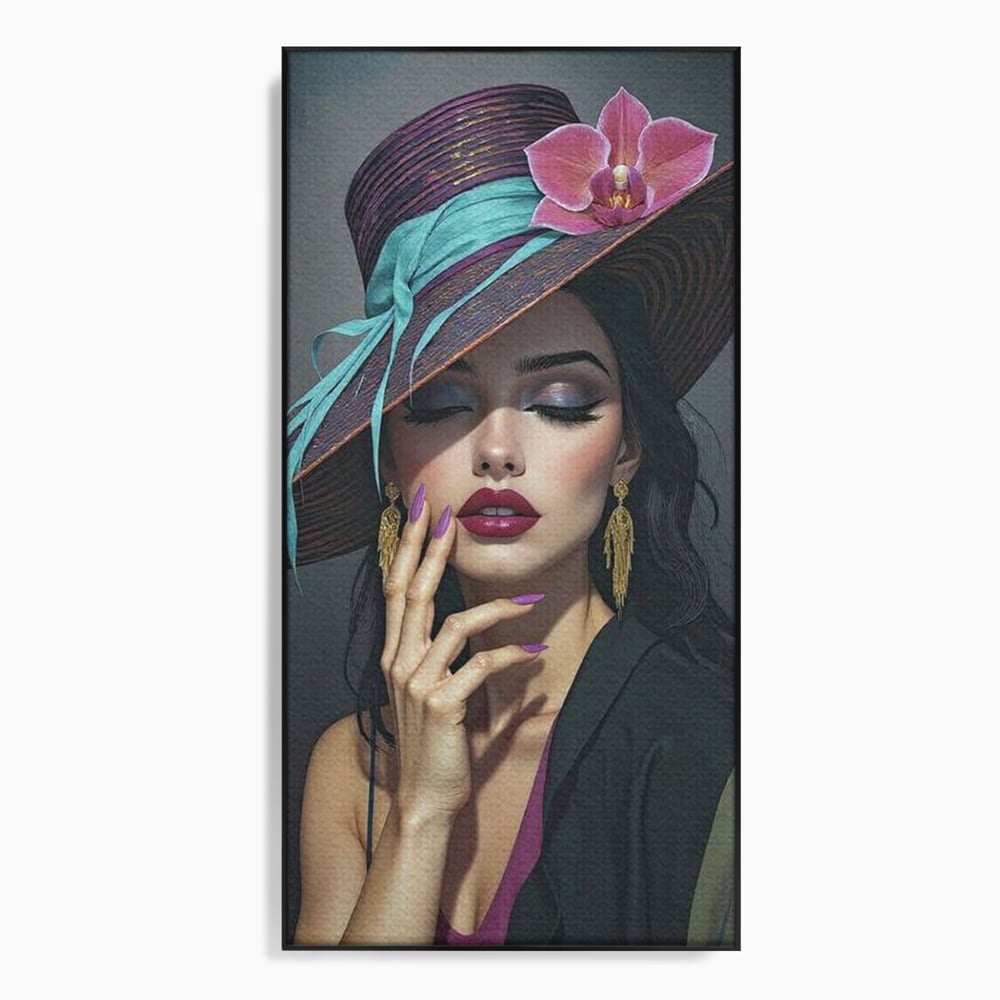 Tablou Canvas Premium, LuxCanva® G1214, Femeia Contemplativa, Lady, Palarie, Eleganta, Floare, Orhidee, Retro, Rafinament, Gratie, Divin, Vis, Privire, Catifea, Zeita, Salon, Birou, Living, Dormitor
