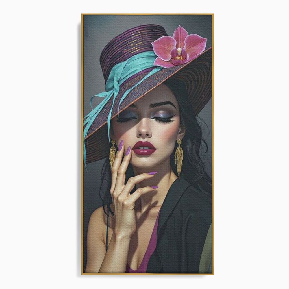 Tablou Canvas Premium, LuxCanva® G1214, Femeia Contemplativa, Lady, Palarie, Eleganta, Floare, Orhidee, Retro, Rafinament, Gratie, Divin, Vis, Privire, Catifea, Zeita, Salon, Birou, Living, Dormitor