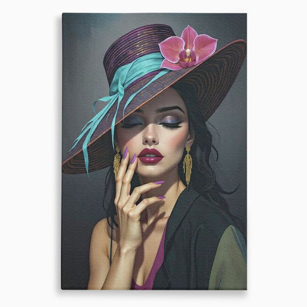 Tablou Canvas Premium, LuxCanva® G1214, Femeia Contemplativa, Lady, Palarie, Eleganta, Floare, Orhidee, Retro, Rafinament, Gratie, Divin, Vis, Privire, Catifea, Zeita, Salon, Birou, Living, Dormitor