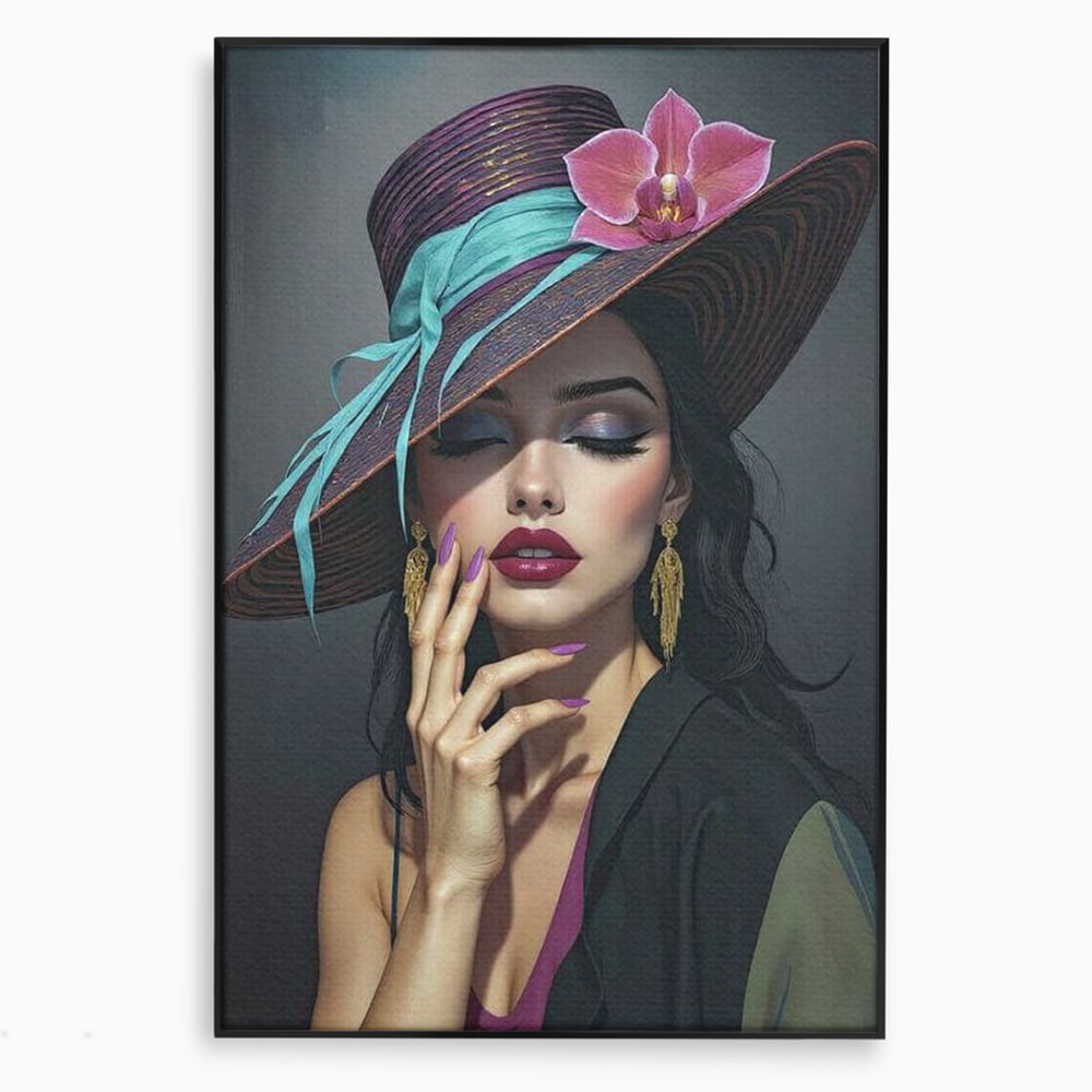 Tablou Canvas Premium, LuxCanva® G1214, Femeia Contemplativa, Lady, Palarie, Eleganta, Floare, Orhidee, Retro, Rafinament, Gratie, Divin, Vis, Privire, Catifea, Zeita, Salon, Birou, Living, Dormitor